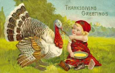 Thanksgiving kaart met klein meisje en kalkoen